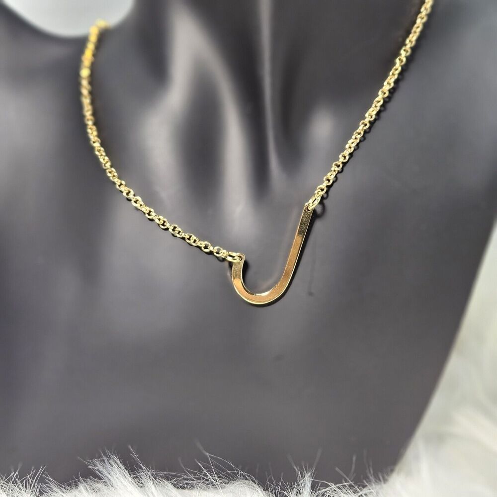 Monogram Necklace Initial Letter J Upper Case Block  Side Pendant Gold Tone